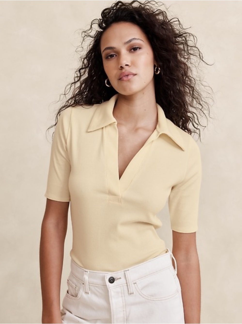 Banana Republic Ribbed Elbow Sleeve Polo Butter Yellow